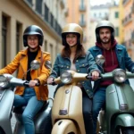 Trois jeunes adultes sur des scooters 125cc compacts garés dans une rue européenne pavée, illustrant le thème des meilleurs scooters pour petit gabarit
