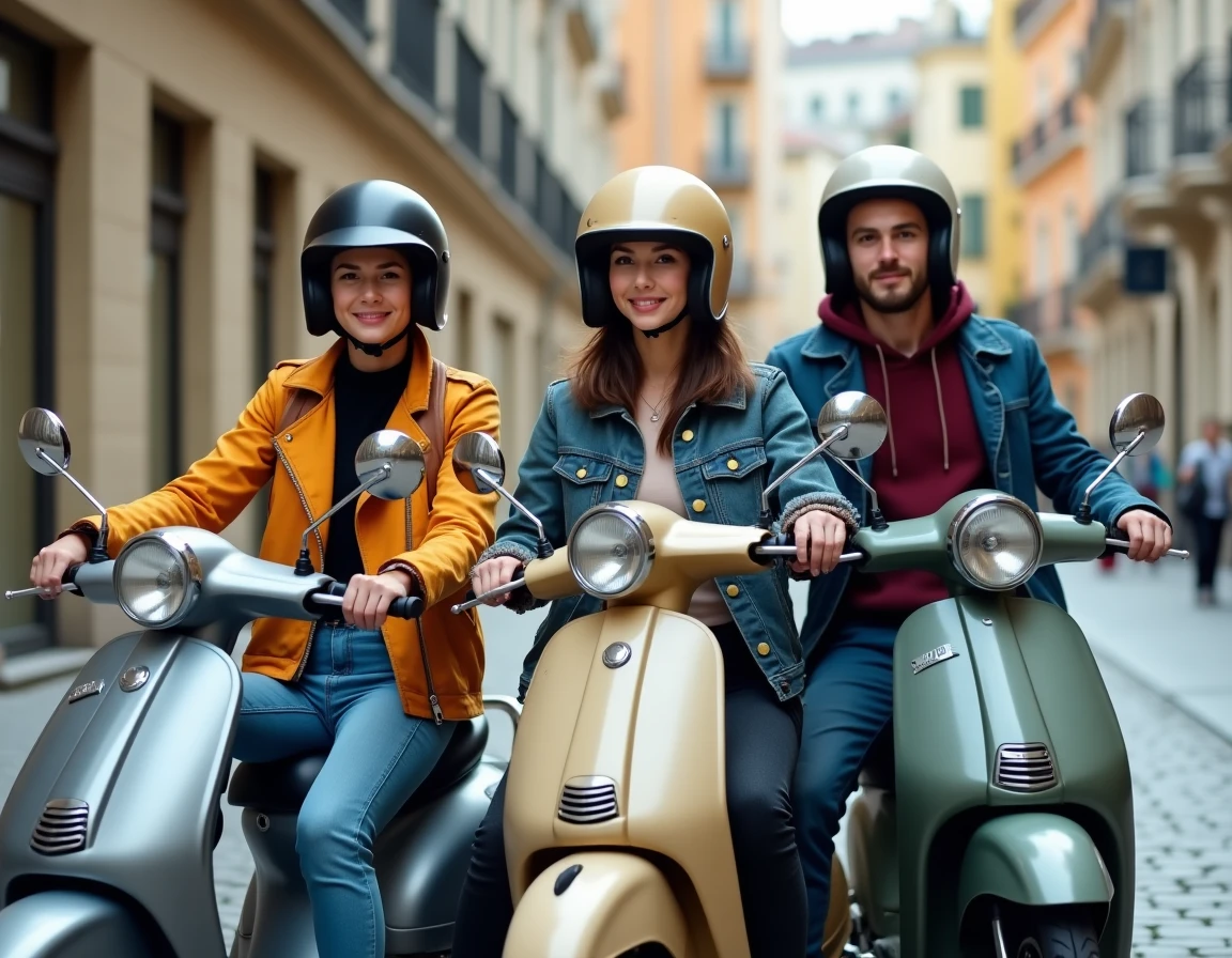 Trois jeunes adultes sur des scooters 125cc compacts garés dans une rue européenne pavée, illustrant le thème des meilleurs scooters pour petit gabarit