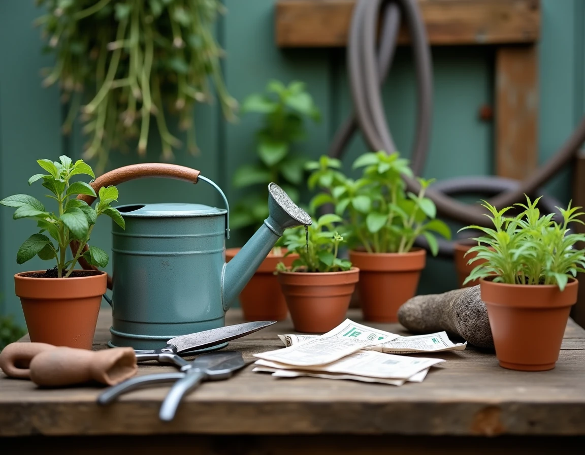 Outils de jardinage et petits plants d'herbes aromatiques disposés sur un établi en bois rustique dans un jardin