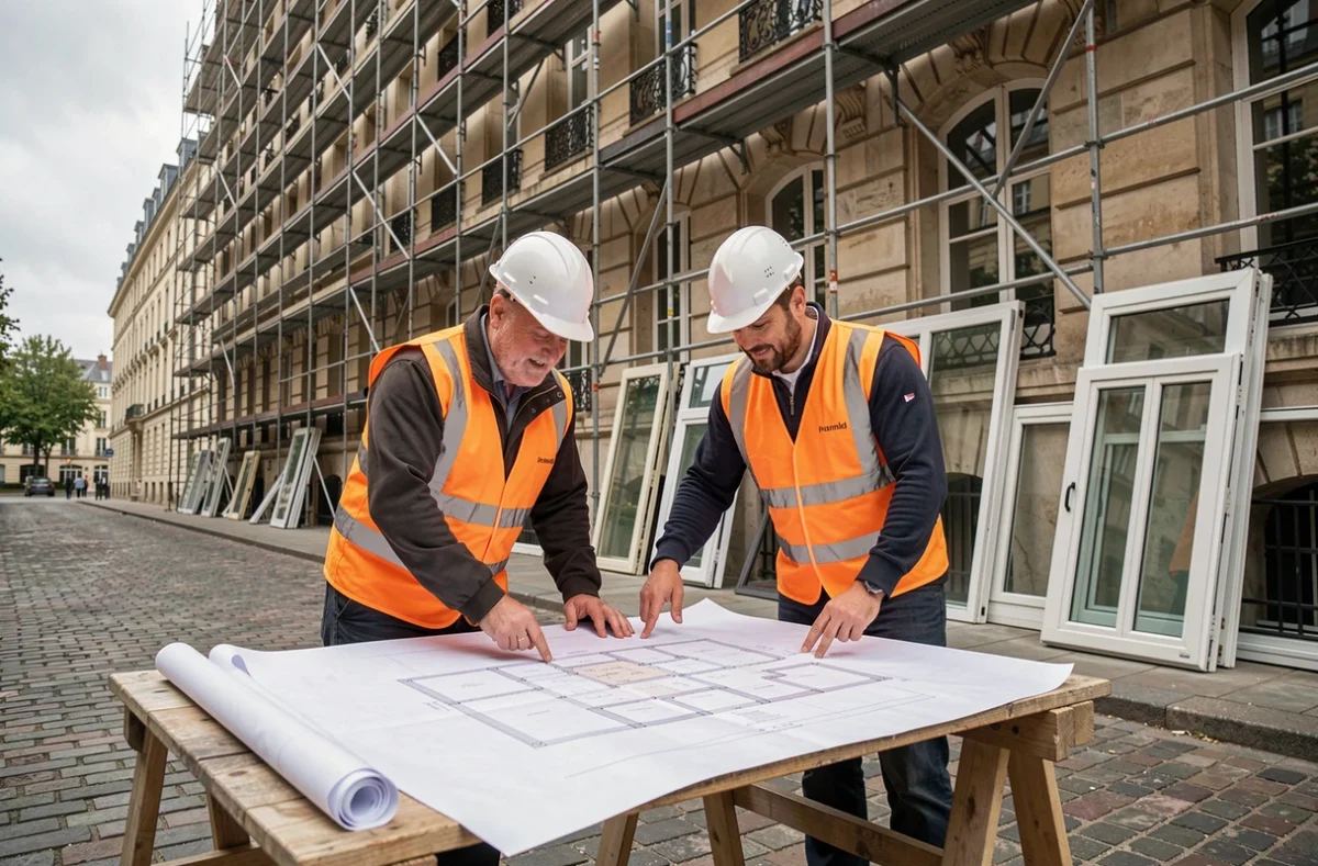 Deux ouvriers consultant des plans de rénovation devant un immeuble ancien en travaux à Rennes