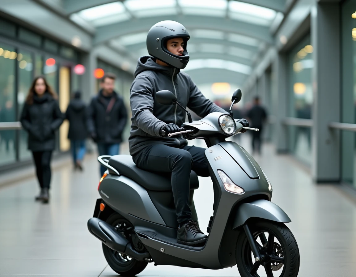 Jeune homme sur un Peugeot Pulsion 125 gris anthracite métallisé dans un hub de transport urbain moderne