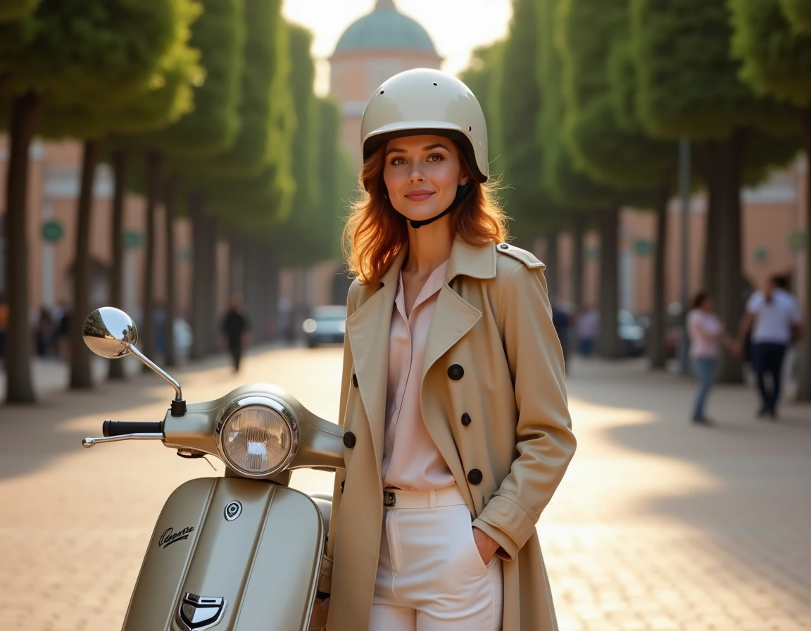Jeune femme élégante debout à côté d'un Piaggio Medley 125 beige métallisé sur une place italienne