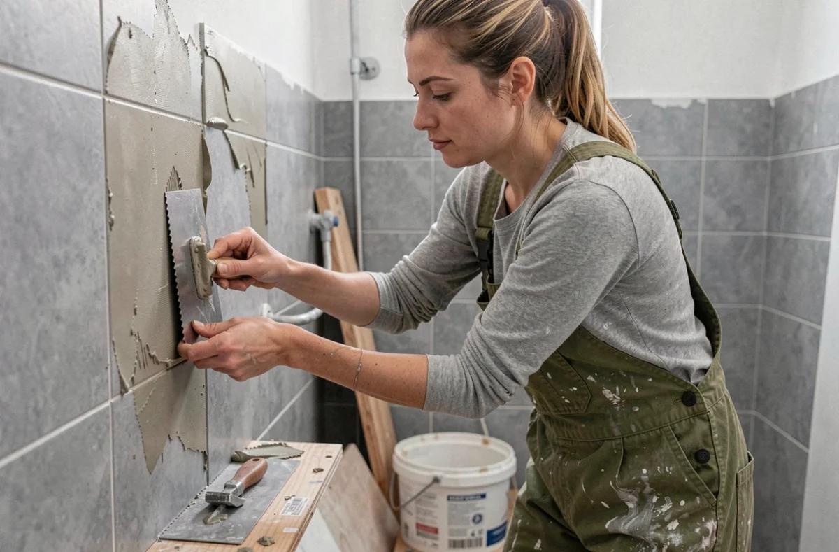 Femme posant du carrelage dans une salle de bain en cours de rénovation dans un appartement rennais