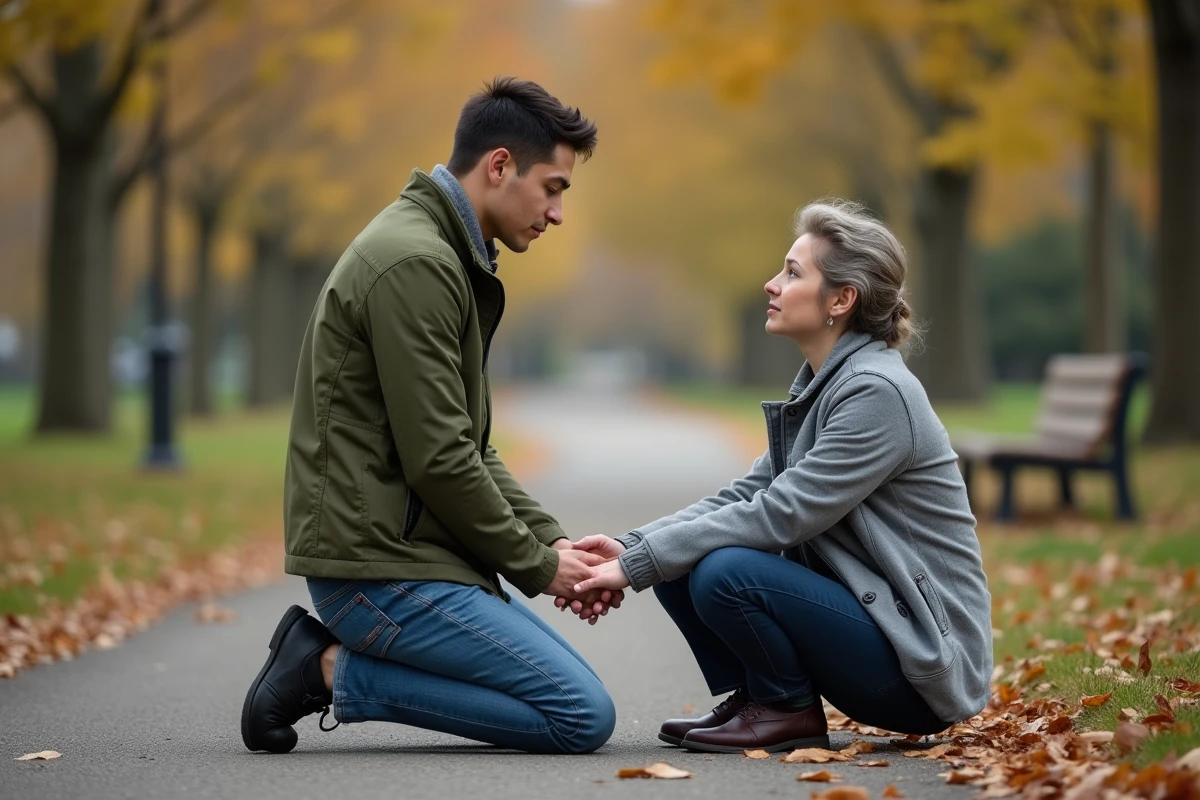 Jeune homme pratiquant la position latérale de sécurité sur un bénévole dans un parc urbain en automne