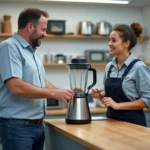 Homme d'âge moyen réparant un blender cassé avec une technicienne