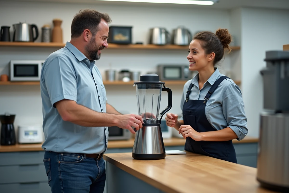 Homme d'âge moyen réparant un blender cassé avec une technicienne