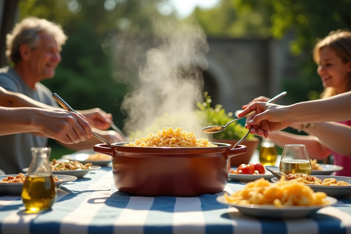 Repas convivial en plein air autour d'un grand plat de pâtes maison dans un jardin estival en famille