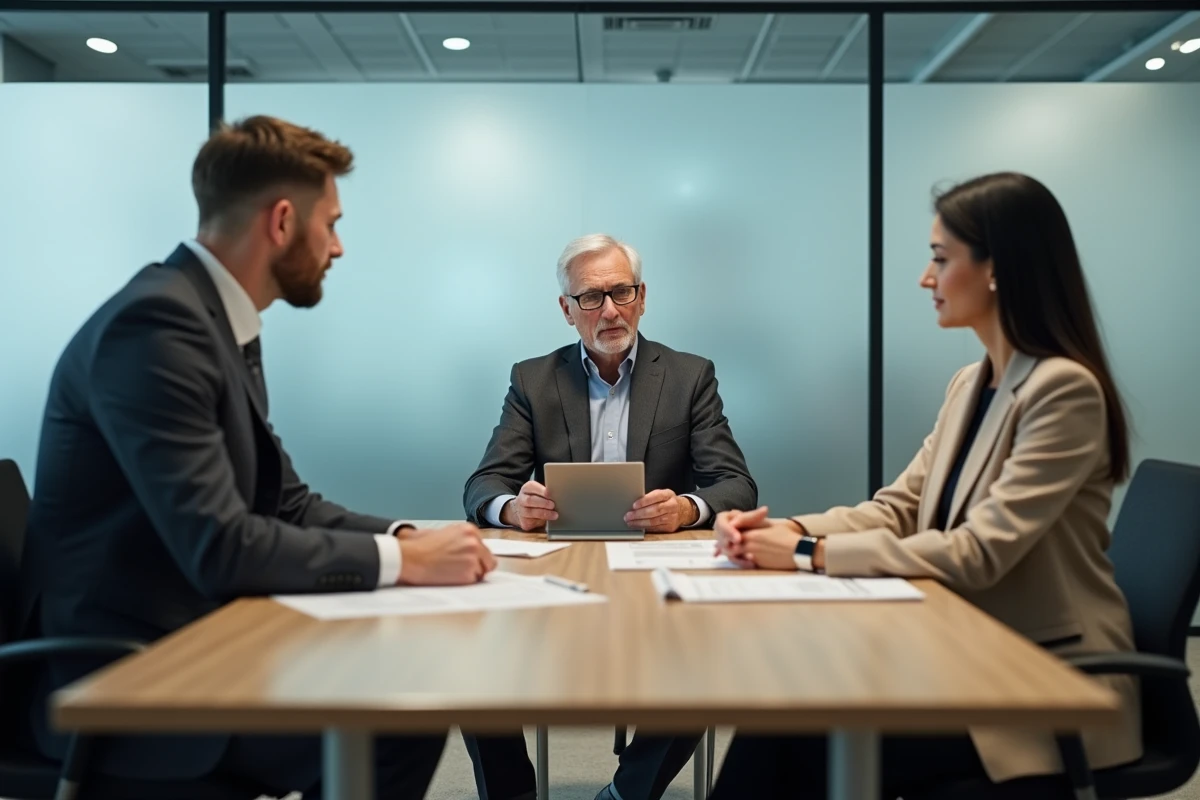 Réunion professionnelle entre des dirigeants d'entreprise et un enquêteur privé dans une salle de conférence moderne
