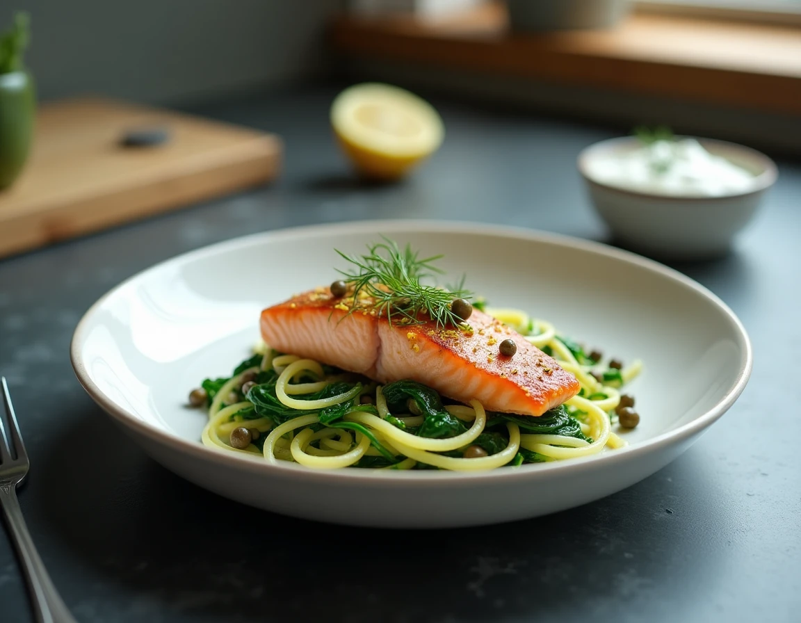 Filet de saumon vapeur sur lit de courgettes et épinards, plat léger riche en protéines pour maigrir sainement