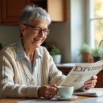 Femme senior souriante lisant un journal au matin