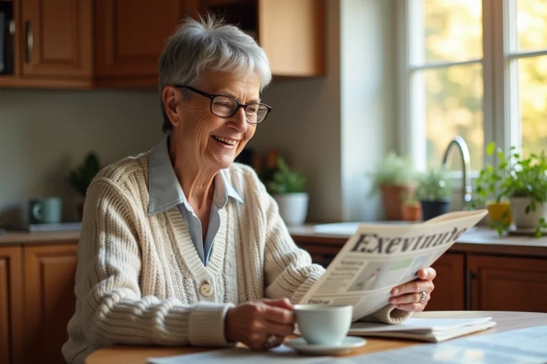 Femme senior souriante lisant un journal au matin