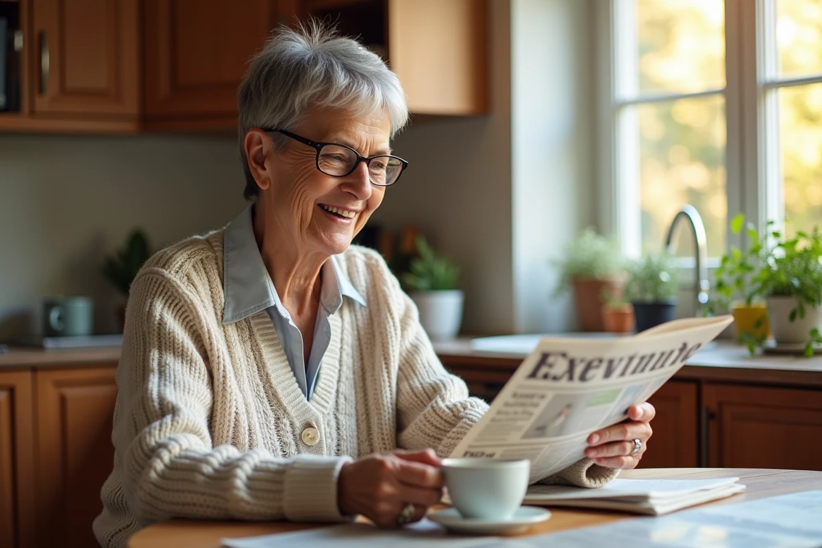 Femme senior souriante lisant un journal au matin