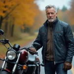Senior retraité en veste moto à côté d'un cruiser basse selle sur une route de campagne en automne