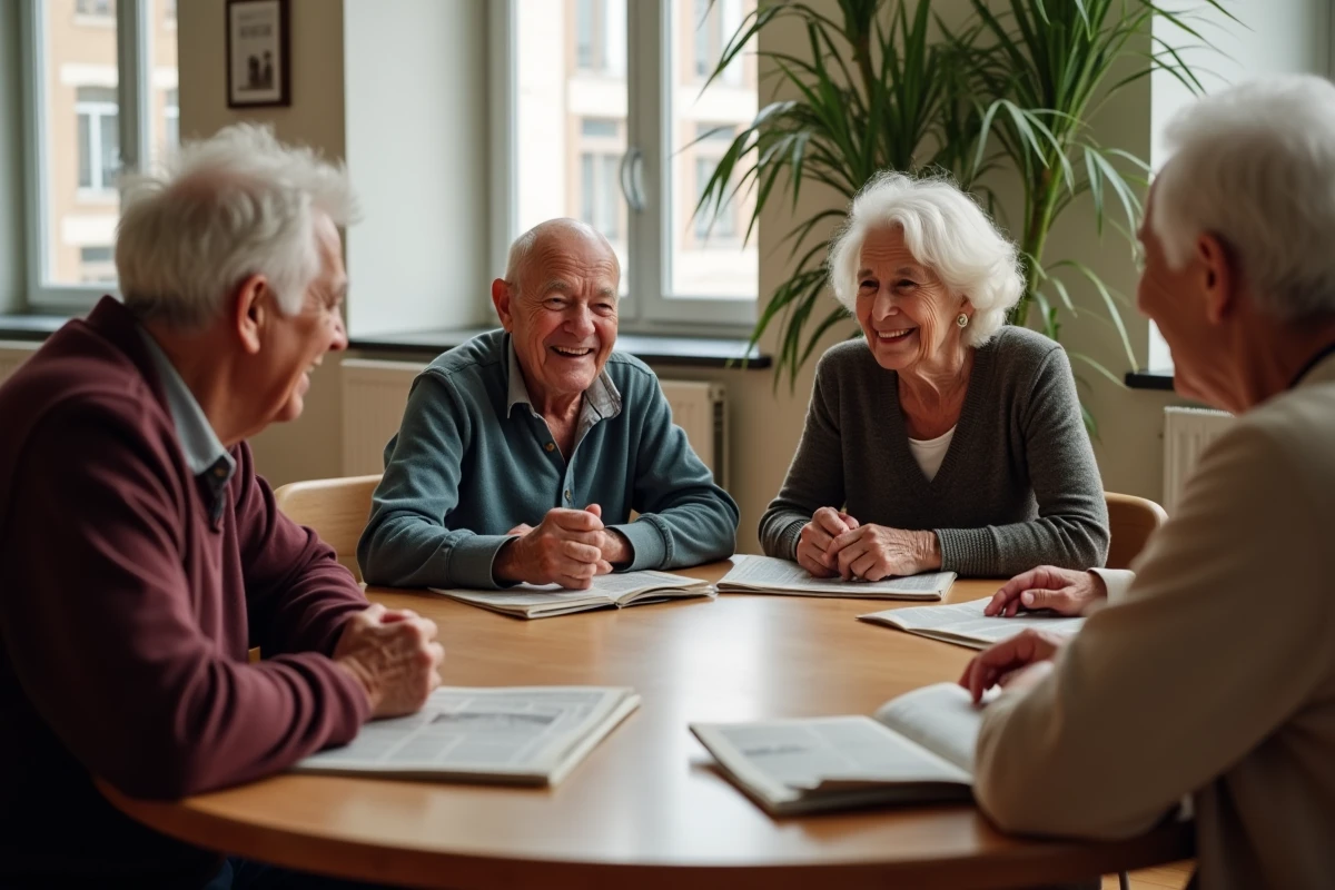 Groupe de seniors discutant autour d une table en centre communautaire