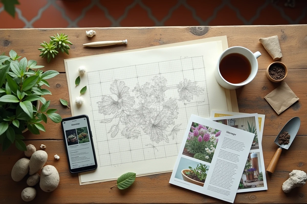 Vue aérienne d'un plan de sitemap dessiné à la main entouré de catalogues de jardinage et d'outils sur une table en bois