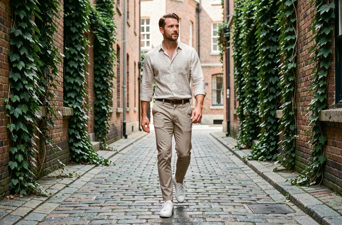 Homme en chino beige et sneakers en cuir blanc minimaliste marchant dans une ruelle pavée, tendances mode urbaine masculine