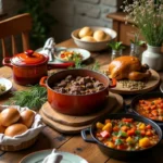 Grande table familiale rustique couverte de plats gourmands et conviviaux dans une cuisine campagnarde en pierre