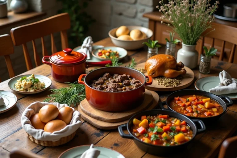 Grande table familiale rustique couverte de plats gourmands et conviviaux dans une cuisine campagnarde en pierre