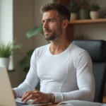 Homme portant le tee-shirt Percko à son bureau, illustrant le confort et le maintien postural au quotidien