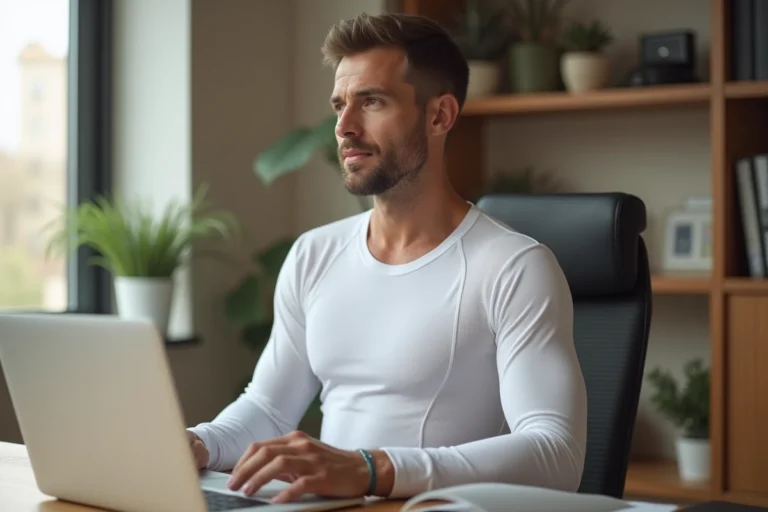 Homme portant le tee-shirt Percko à son bureau, illustrant le confort et le maintien postural au quotidien