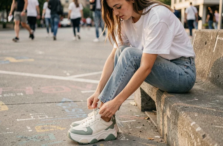 Jeune femme assise en ville lacant des sneakers chunky tendance à semelle épaisse en blanc cassé et vert sauge, style éditorial urbain