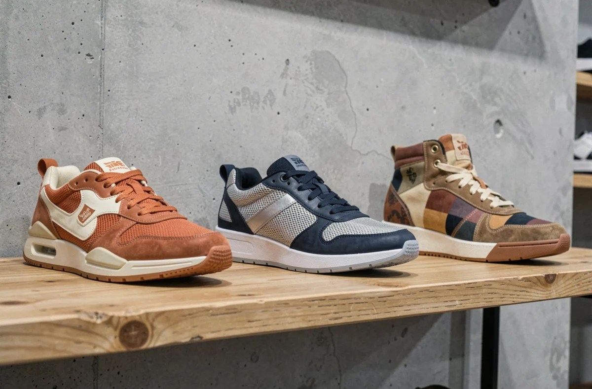 Trois paires de sneakers tendance exposées sur une étagère en bois brut dans une boutique moderne, silhouettes rétro, technique et high-top en canvas