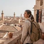 Voyageuse contemplant les toits de la médina marocaine depuis une terrasse panoramique, destination de voyage incontournable