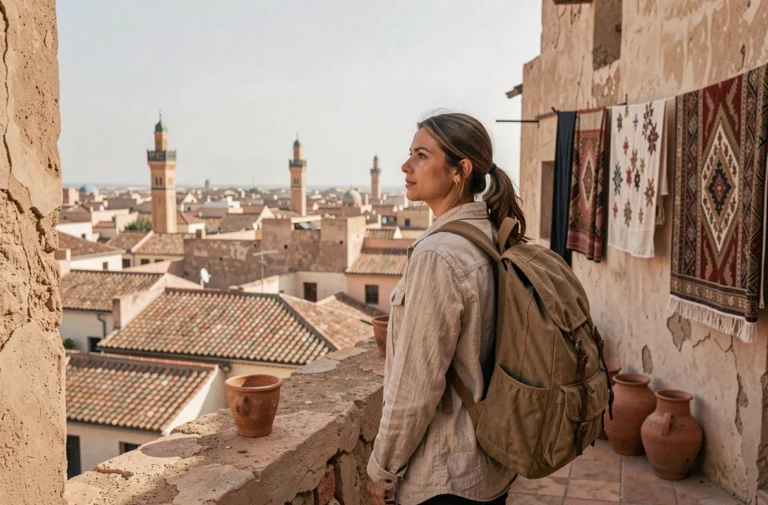 Voyageuse contemplant les toits de la médina marocaine depuis une terrasse panoramique, destination de voyage incontournable