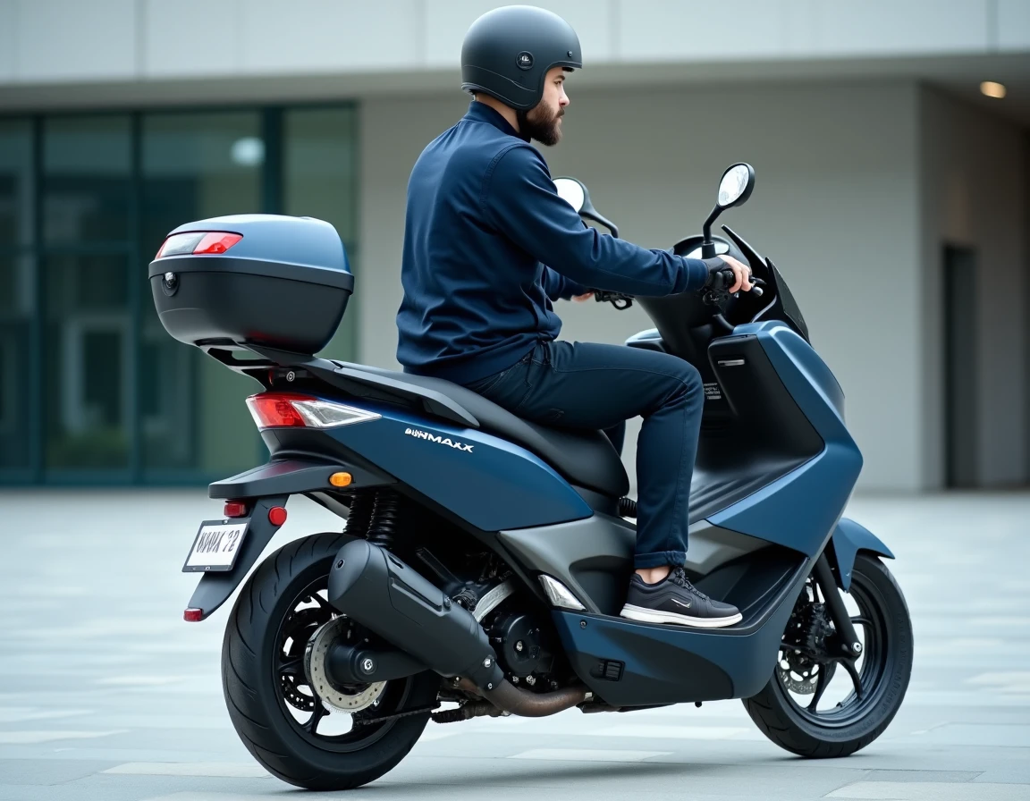 Jeune homme posé sur un Yamaha NMAX 125 bleu mat dans une place urbaine contemporaine en béton